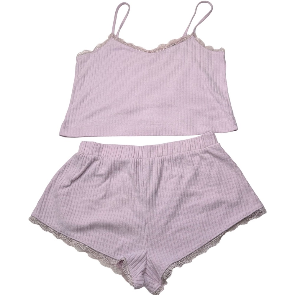 ASOS‎ DESIGN Ribbed Lace Trim Cami Shorts Pajama Set - Soft Pink Women's Small
